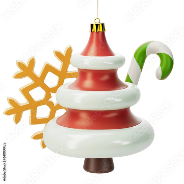 Obraz New year's ornaments 3d illustration. Christmas tree, candy cane and snow flake cookie. Bright festive toys