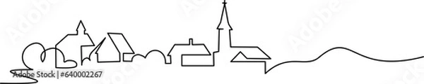 Fototapeta Village with church. Continuous one line art drawing style.
