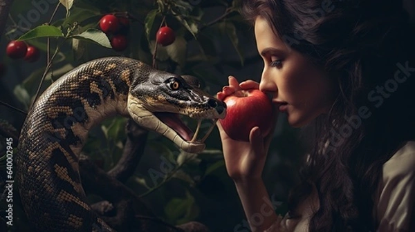 Obraz eva in the garden of eden with the snake and the apple