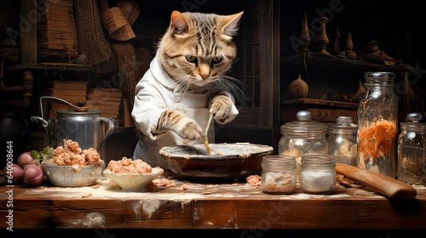 Fototapeta A cat cooking and making a mess