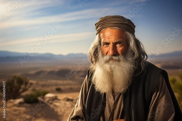 Fototapeta Elderly Man with White Beard Dressed as Ancient Patriarch in Desert from Religion Story, Religious or Bible Character or Father of Faith