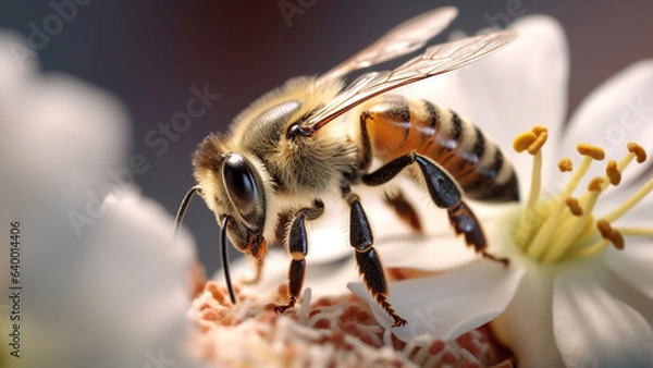 Obraz Bee on a white flower macro photograph