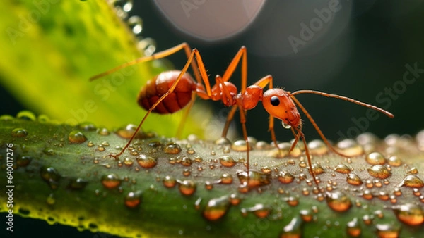 Obraz Red ant on a leaf macro photograph