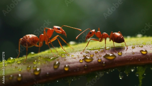 Obraz Two Red ants on a leaf macro photograph