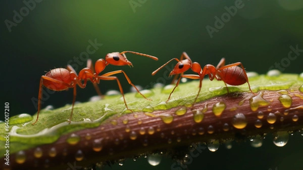Obraz Two Red ants on a leaf macro photograph