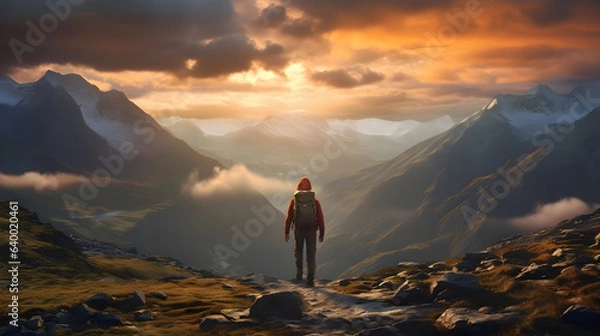 Fototapeta Serenity on High: Sunset and Snow-Capped Peaks from a Hiker's View, generative ai 