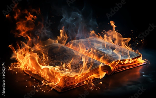 Obraz Burning book on black background . Generative AI