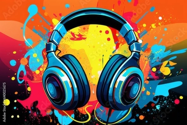 Fototapeta Groovy headphones on vibrant pop art backdrop, Generative AI