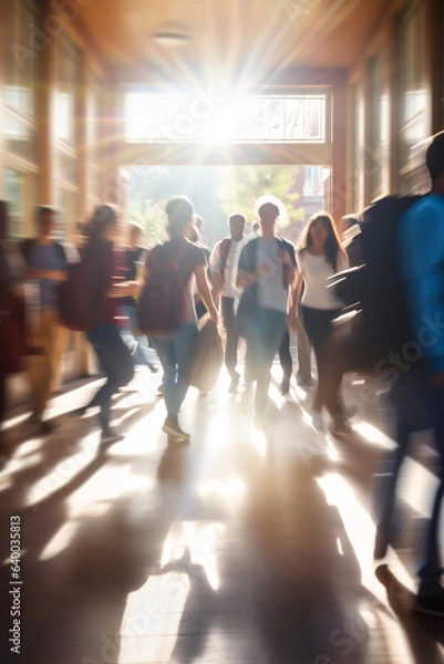 Obraz Large Group of Students Walking to Class in a University or College Campus Environment, Motion Blurred Crowd Moving, Generative AI