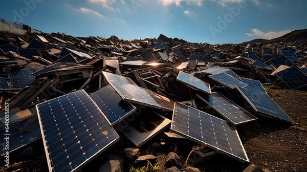 Fototapeta Old Trashed Solar Panels Piled Up in a Landfill or Scrap Yard, Difficult to Recycle, Generative AI