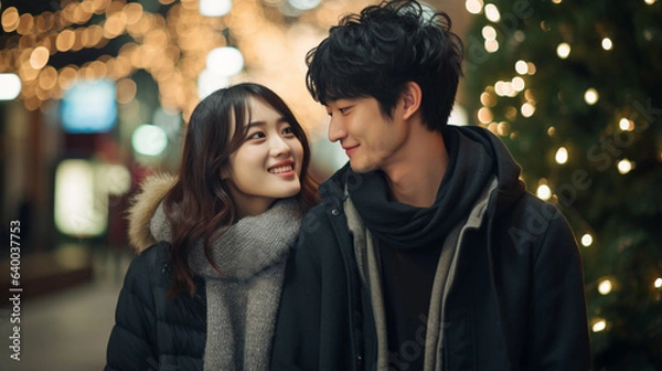 Obraz 秋冬に外でデートする若いカップル