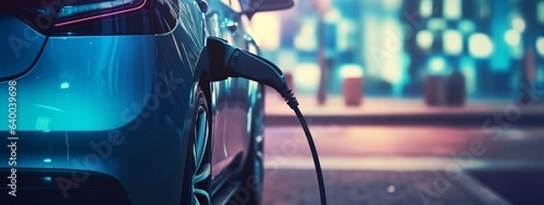 Fototapeta Close-up photo of an electric vehicle charging with blurred background