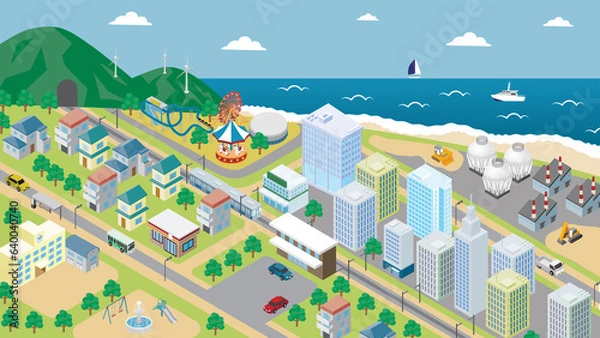 Fototapeta 空と海が見える街並みのアイソメトリックイラスト