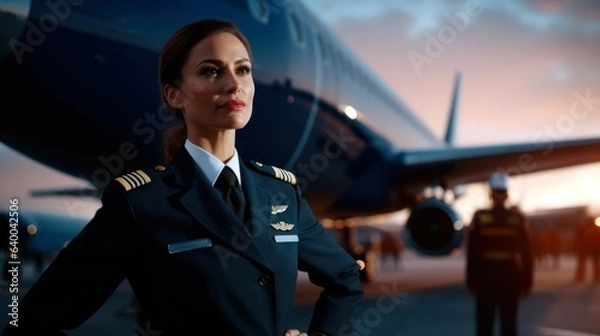 Fototapeta Woman in Pilot Uniform in Front of Airplane, Space for Copy.