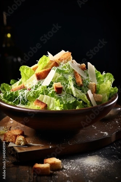 Obraz Fresh caesar salad with parmesan cheese and cherry tomatoes, eggs, croutons on dark background. created with Generative AI