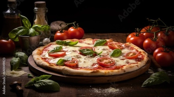 Obraz Pizza Margherita with mozzarella cheese, tomatoes and basil on black background. Culinary Photo. created with Generative AI