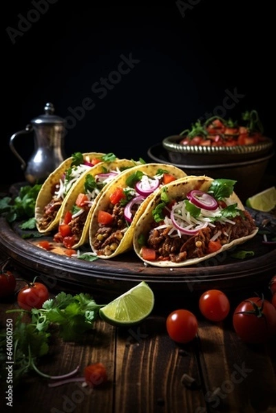 Obraz Traditional mexican tacos with meat, vegetables and salsa on wooden or black background. created with Generative AI