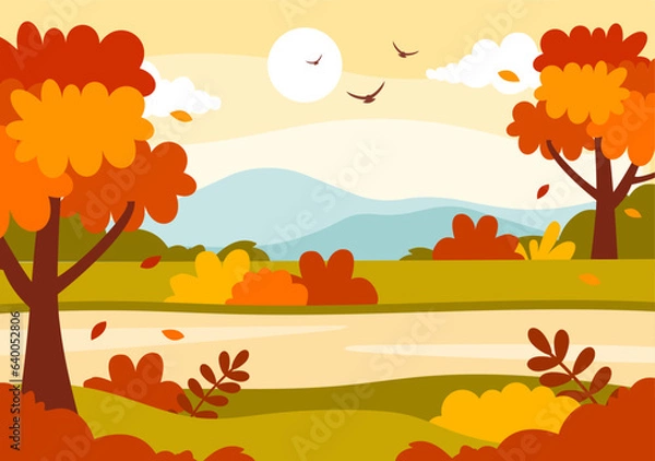 Obraz Autumn Landscape Background Vector Illustration with Mountains, Fields, Trees and Fall Leaves in Flat Cartoon Natural Season Panorama Templates