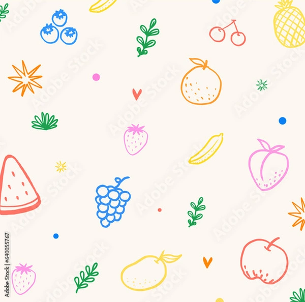 Obraz fruits seamless pattern linear, fruits pattern hand drawn