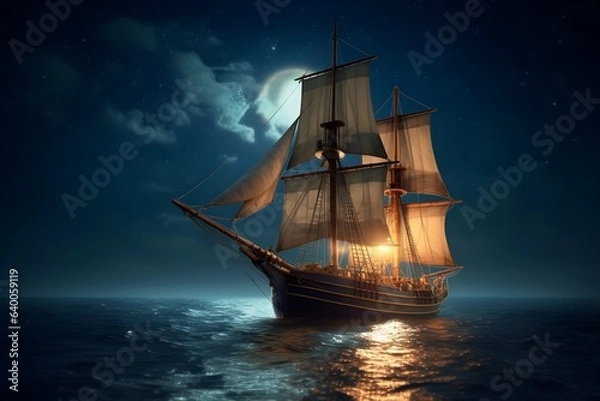 Fototapeta 夜の海に浮かぶ帆船