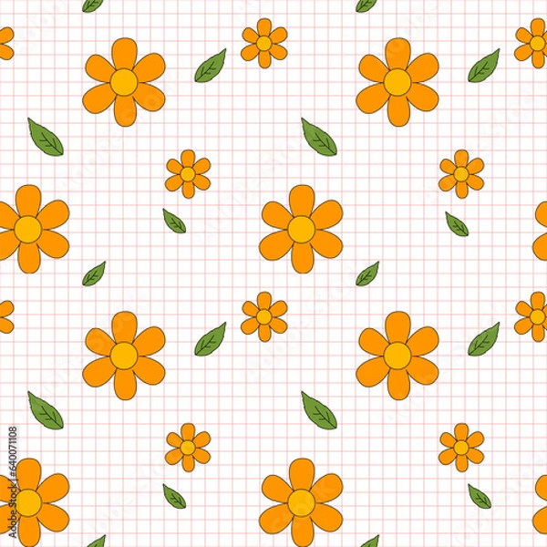 Fototapeta Orange flower on white tartan background, seamless pattern.