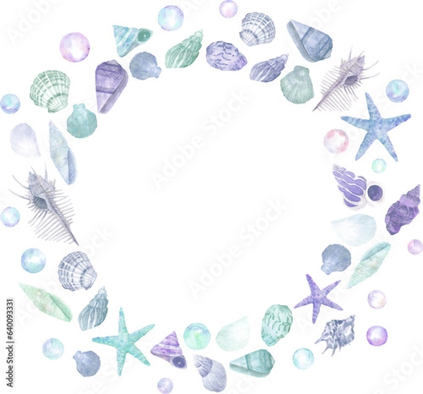 Fototapeta 水彩で描いた貝殻のフレーム
