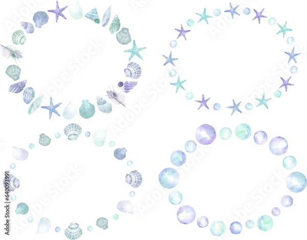 Fototapeta 貝殻とヒトデの水彩画フレームセット