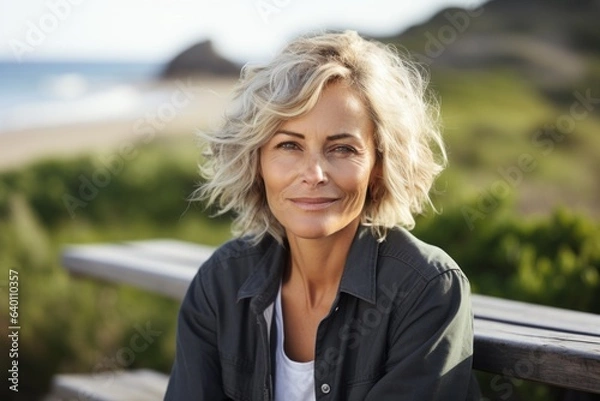 Obraz Portrait of a middle-aged woman sitting on a bench at the beach