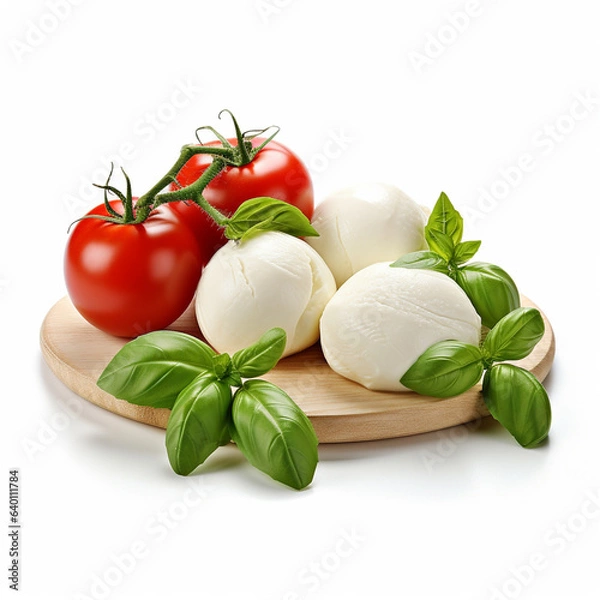 Fototapeta Mozzarella cheese balls, cherry tomatoes and green fresh organic basil isolated on white, ai technology
