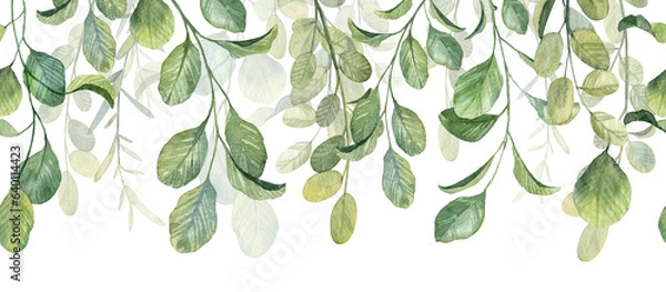 Obraz Long banner header with hanging green botany. Hand painted watercolor illustration for greeting card and invitation design