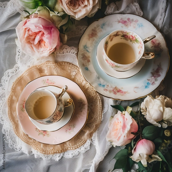 Obraz floral tea party flatlay