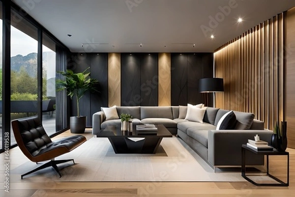 Fototapeta  an article showcasing the innovative use of modern interior design elements against the backdrop of a dark classic wall. Highlight how the juxtaposition of sleek, upholstered furniture 