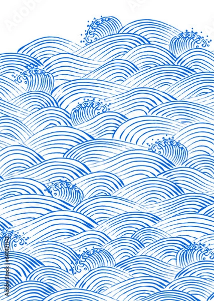 Fototapeta 手描き風の日本の波模様ベクターイラスト素材　白地に青波