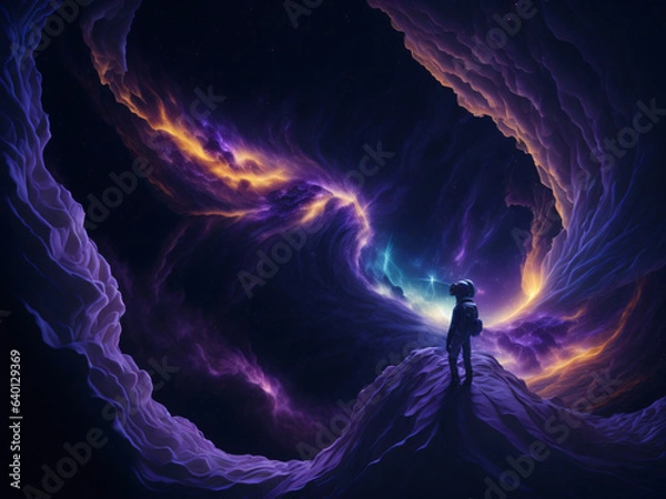 Fototapeta Wallpaper showcases a magnificent spiral galaxy, adorned with swirling nebulas and sparkling stars. An astronaut stands on the surface of an alien planet, gazing in wonder at the cosmic spectacle.