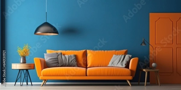 Fototapeta  Interior with orange sofa in modern living room with blue mockup wall, home design