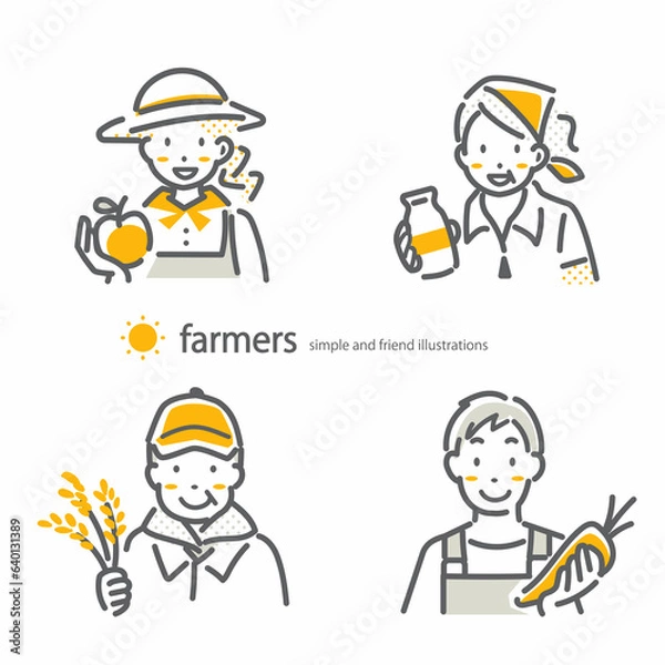 Fototapeta いろいろな農業従事者　シンプルでお洒落な線画イラスト
