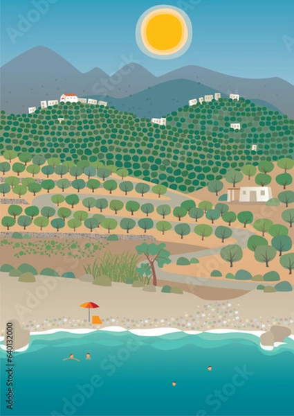 Fototapeta Summer in the middle of olive groves. Hot day on the coast. Vector image.