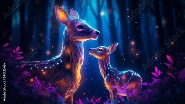 Obraz Deer caressing its calf neon light illustration image Ai generated art