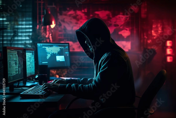 Obraz From a dimly lit hideout, a faceless cyber criminal meticulously deploys a powerful ransomware strain, targeting vulnerable systems