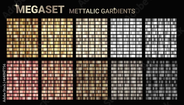 Obraz Silver metal gradients vector set. Gold, bronze metallic gradients. Collection of golden, chrome metal color palette swatches for background, certificate, ribbon etc. Vector color gradations EPS10