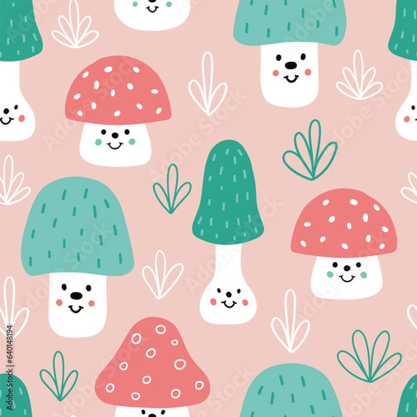 Fototapeta Childish hand-drawn seamless repeating color simple flat pattern with with mushrooms on a pink background. Illustration for fabric print, wallpaper, wrapping paper