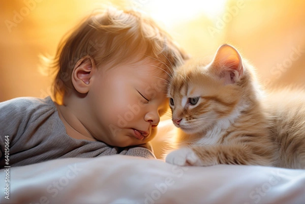 Obraz Bebé adormece com o gatinho num ambiente de paz e amor. 