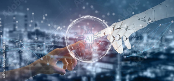 Obraz Artificial Intelligence (AI) in industry concept. AI technology adoption. Digital and technology transformation in business and industry. 3D rendering AI robot and human hand on digital background.