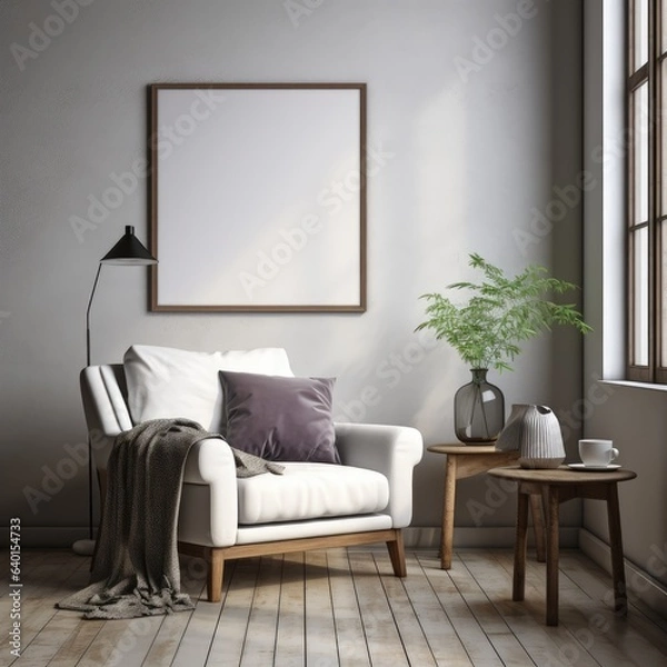 Fototapeta Blank picture frame mockup with luxury sofa on living room. Generative AI