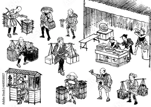 Fototapeta 江戸時代　街の風景　商人　商売　商売道具　商品　食べ物　飲食　日本人　侍　武士　農民　女中