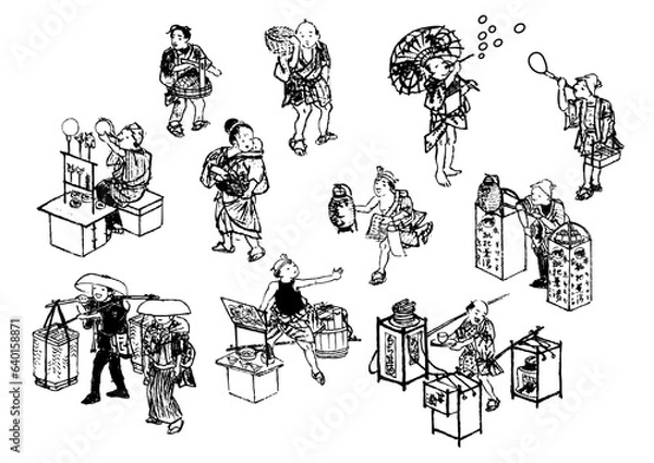 Fototapeta 江戸時代　商人　商売　商売道具　商品　食べ物　飲食　日本人　侍　武士　農民　女中