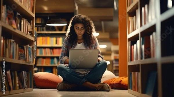 Fototapeta Girl student using laptop computer sitting on floor among bookshelves in university campus library hybrid learning online, doing college course study or research - generative AI, fiction Person
