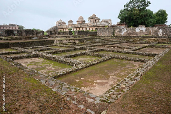 Fototapeta Ruins of Gada Shah's Palace, situated in the fort opposite Jahaz Mahal, built by Sultan Ghiyasuddin Khilji,  Mandu, Madhya Pradesh, India