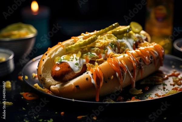 Fototapeta Generative AI Illustration of Buffalo Sauce Hot Dog With Ranch Style Mayo