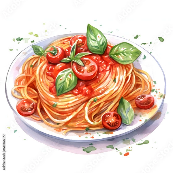 Fototapeta トマトスパゲッティの水彩イラスト